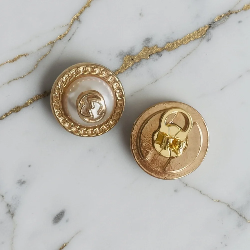 Luxury Faux Pearl/Gold Upcycled Logo Button Earrings 20mm